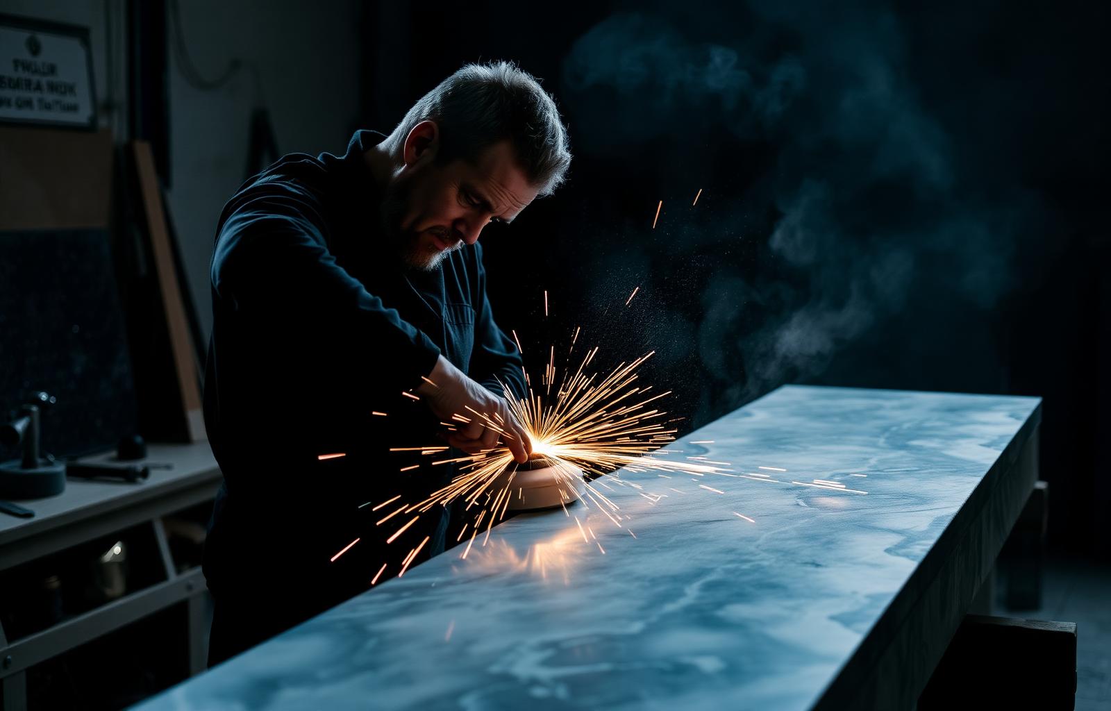 Stone fabricator polishing a marble slab